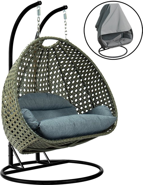 Hangstoel Dubai - Zwart Frame - Bruin Basket - met Luxe Dusty Blue Kussen -146*70*124 - 2 persoons schommelstoel