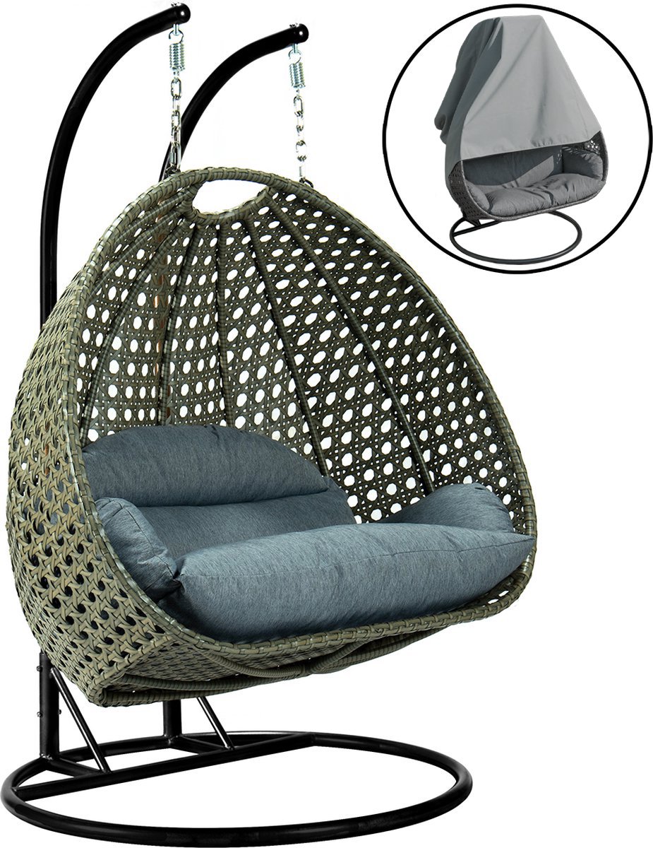 Bol.com Hangstoel Dubai - Zwart Frame - Bruin Basket - met Luxe Dusty Blue Kussen -146*70*124 - 2 persoons schommelstoel aanbieding