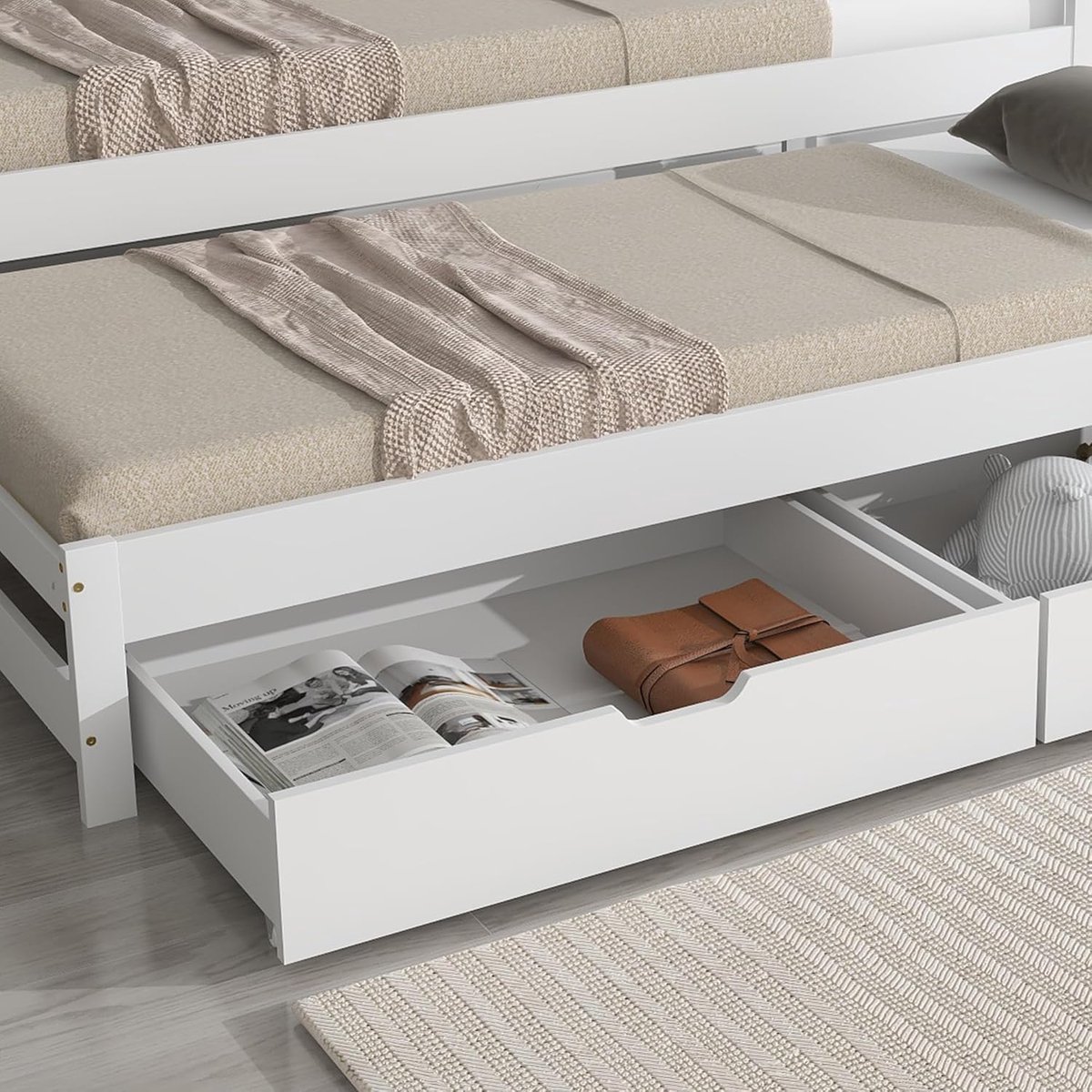 Dagbed met Uitschuifbed en Opberglades 90x200/90x190 cm – Massief Houten Eenpersoonsbed en Tweepersoonsbed met Rolbed, Laden en Lattenbodem – Wit – HomebyNicole