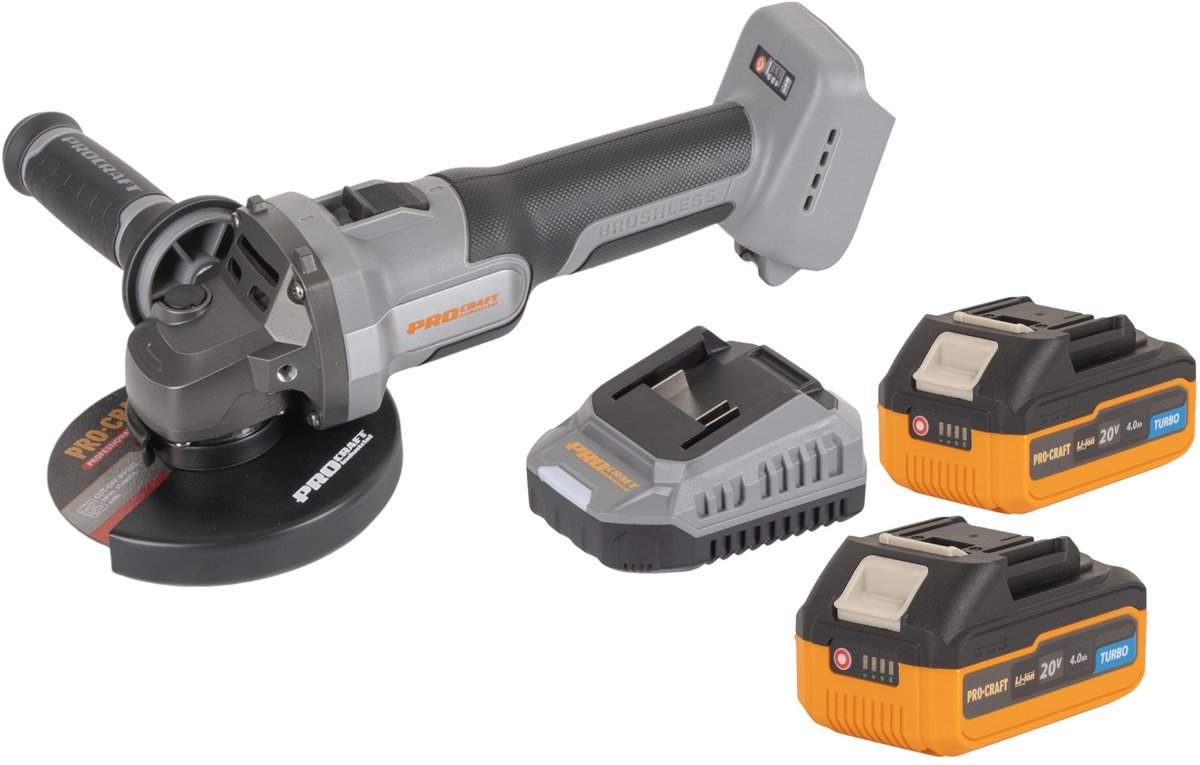 Procraft Industrial AG125Abb accu haakse slijper 20 V 125 mm borstelloos + 2x accu 4,0 Ah + oplader