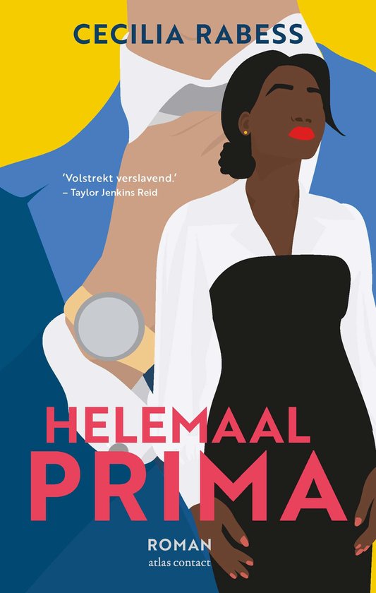 Boekomslag met een vrouw in een zwarte jurk en witte kraag, met tekst 'Helemaal prima'.