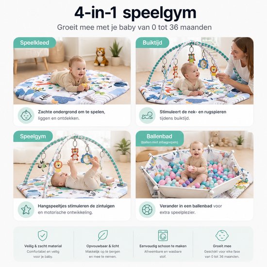 BOTC Babygym met Speelboog - Babyspeelmat 110x100 cm - Zacht Speelkleed met Hangend Speelgoed - Baby Gym 0-18 Maanden - Jungle van BOTC — afbeelding 4