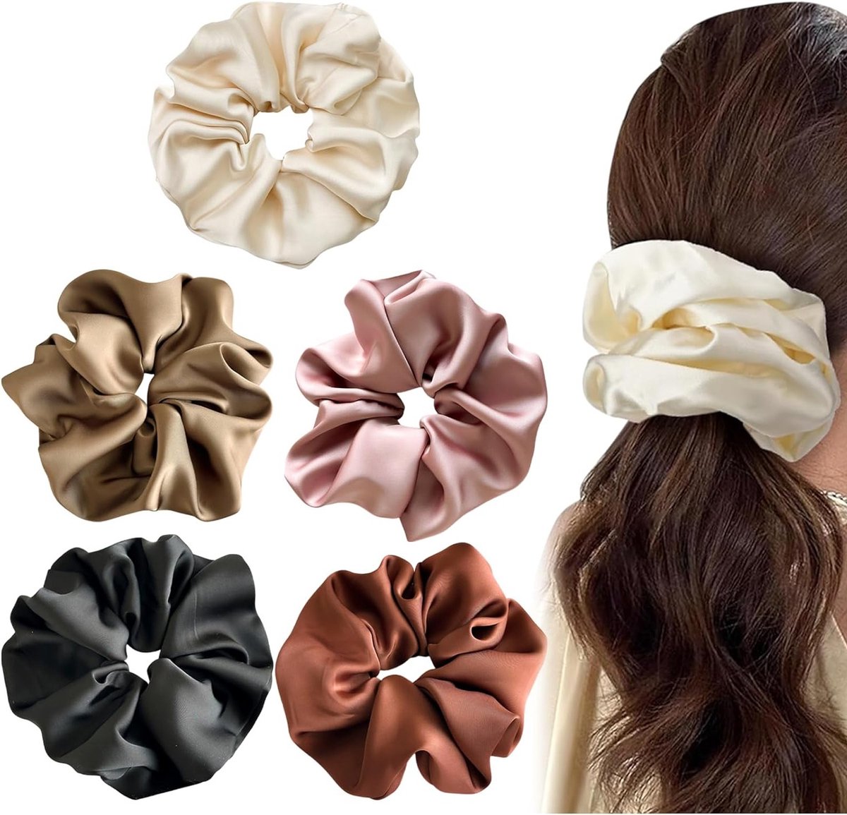 Set van 5 Grote Satijnen Scrunchies voor Dikker Haar, Ideaal voor Slaap en Elegant Haarbeheer