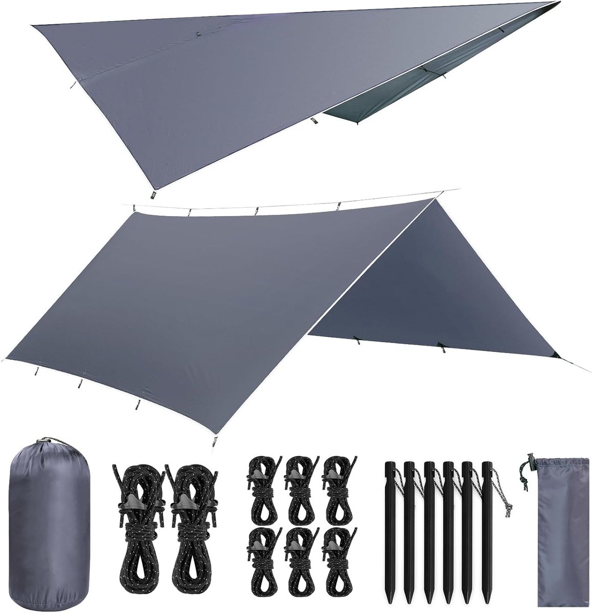 SnelShoppen - VOSOIR Tarp 3 x 4 m Waterdicht Ultralicht Campingtentzeil met 15 Ogen, 6 Aluminium Pennen, 8 Nylon Touwen voor Hangmat, Camping, Picknic