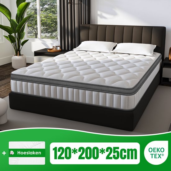 Fukstern Matras 120x200 - matras 25cm dik - 7 zones - pocketvering matras - Orthopedisch - OEKO-TEX Gecertificeerd - 10 Lagen Hoogwaardige Materialen - Anti-Allergische - Eenpersoonsmatrassen - medium - Voor Kinderen en Volwassenen