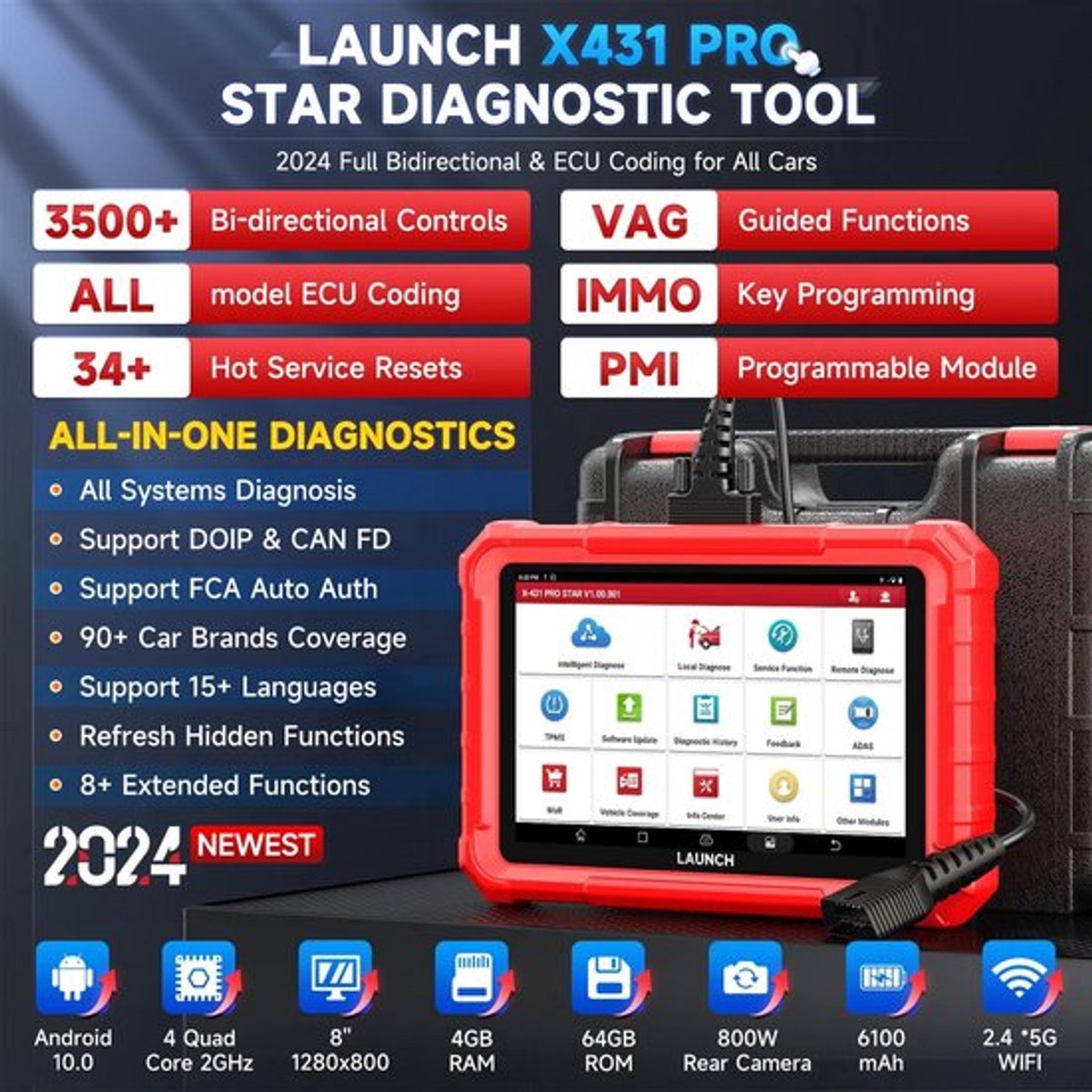Professionele Auto Diagnosetool – OBD2 Scanner – Auto Diagnose Scanner – Voertuig Diagnosetool – Systeemdiagnose – 8-Inch Touchscreen – 6000mAh Batterij