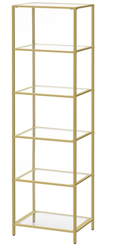 Gouden staande kast met 5 glazen planken, op een witte achtergrond.