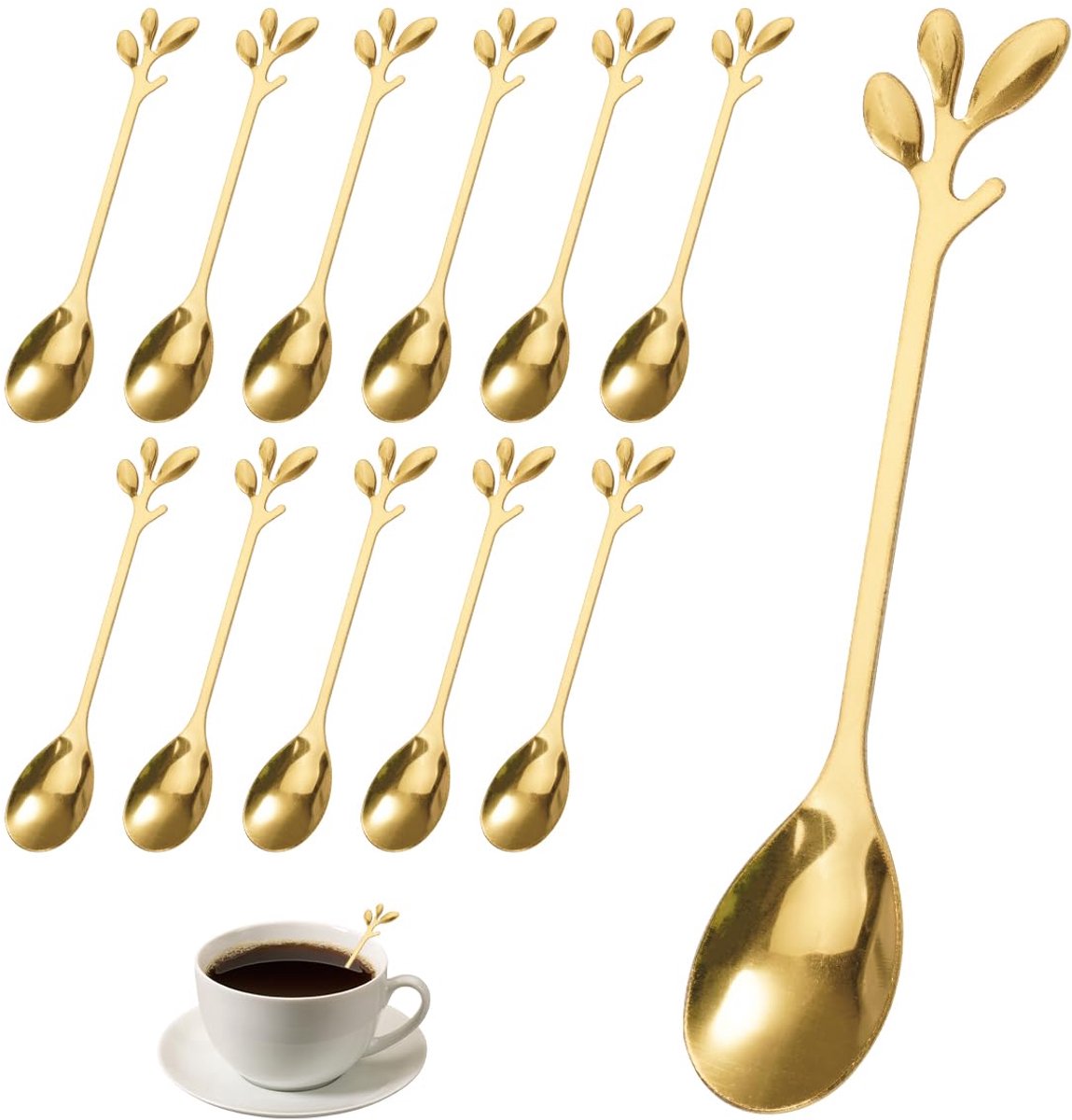 carmdering - Dessertlepel - Bladvormige Lepel - Roestvrijstalen Lepelset - Spiegelglans Afwerking - Ergonomisch Handvat - Rostvrij Staal - Gouden Kleur - Veelzijdig Voor Koffie En Dessert - 12 Stuks