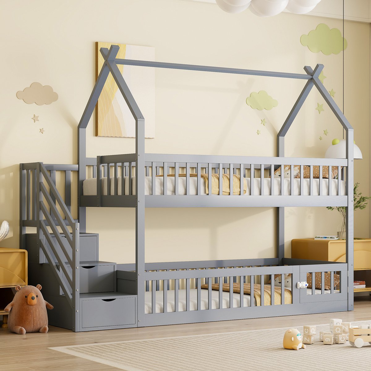 Clruro Stapelbed - 90x200 cm - Met Dak En Veiligheidstrap - Met Opberglades - Massief Hout - Grijs