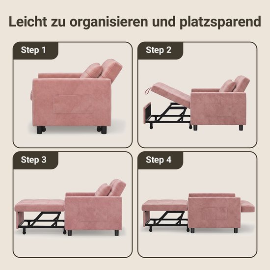 Roze slaapbank, stappen om te vouwen: bank, bedframe, bed met voetsteun, volledig bed.