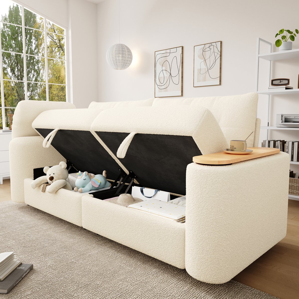 MODENUIT Sofa 207,5 x 80 x 87 cm - Met Opbergruimte En Draaibare Bijzettafel - Voor Woonkamer - Teddy Beige