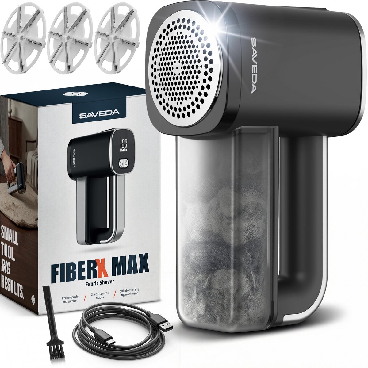 SAVEDA Pluizenverwijderaar FiberX Max - Ontpiller - Pluizentondeuse - Elektrische Ontpluizer voor Kleding en Meubilair - USB C Oplaadbaar - Pluisjes Verwijderaar