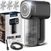 Zwarte SAVEDA FiberX MAX pluizenverwijderaar met USB C kabel, schoonmaakborstel en 3 extra mesjes.