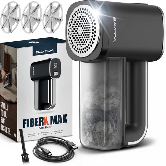 Zwarte SAVEDA FiberX MAX pluizenverwijderaar met USB C kabel, schoonmaakborstel en 3 extra mesjes.