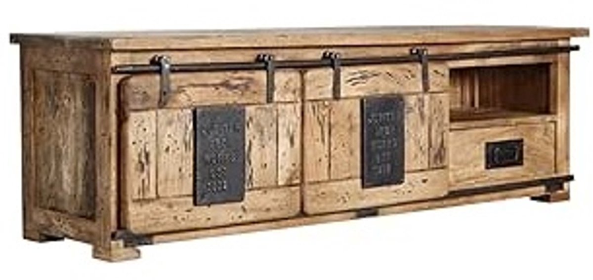 TV meubel 160x45x50 cm – Mango hout industrieel modern RailWay lowboard tv kast met lade en open vak – nature