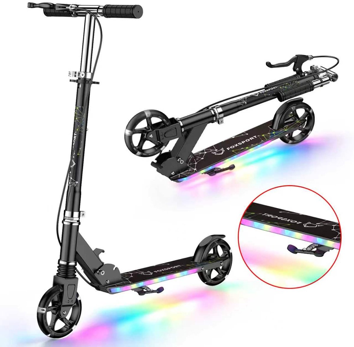 FOXSPORT Kinderstepjes - Kinderscooter - Kinderstep - Draagkracht tot 100 kg - Kick Step - Lagers ABEC-7 - Vier instelbare hoogte-opties - LED-verlichting in wielen & voetplateau - Handrem en voetrem - Zwart