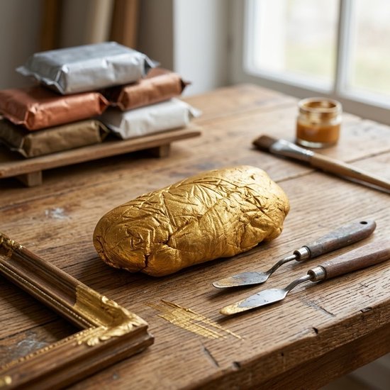 Gouden boetseerklei op houten tafel, met gouden frame en penseel.