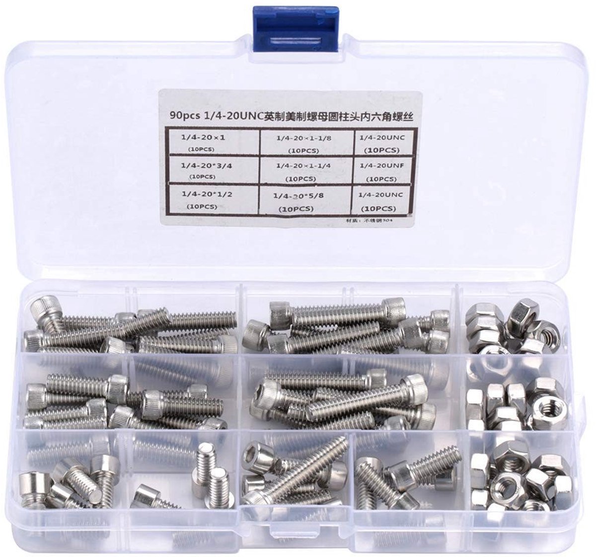 Allecto - 90pcs 1/4-20 - Assortiment kit - Hoogwaardige kwaliteit - Georganiseerd in transparante doos - Ideaal voor verschillende vakmanne...