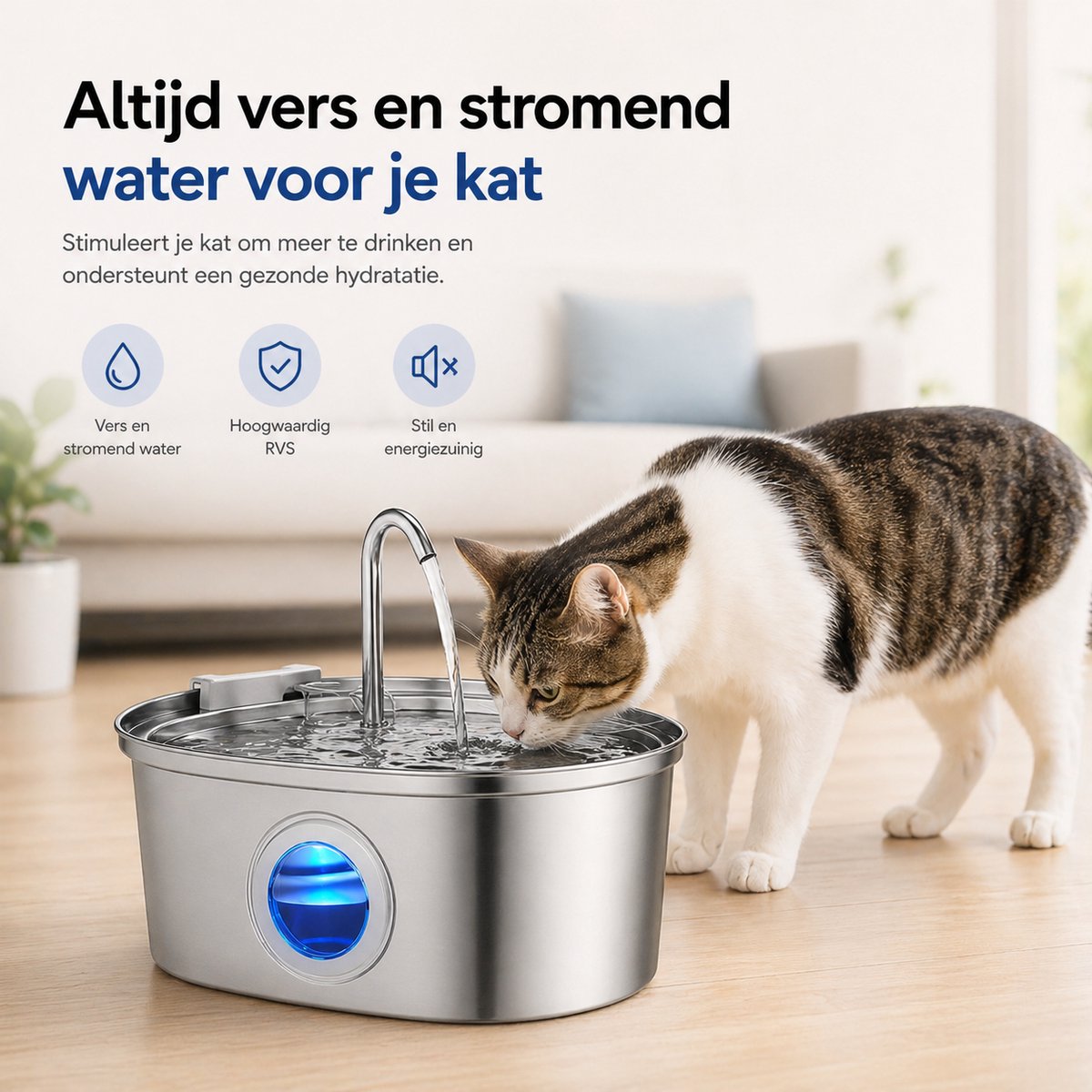 BOTC Drinkfontein Kat en Hond - Waterfontein Kat - 108oz/3.2L - Verkoeling Hond/Kat - Dieren drinkbakken - Waterdispenser - RVS thumbnail 4