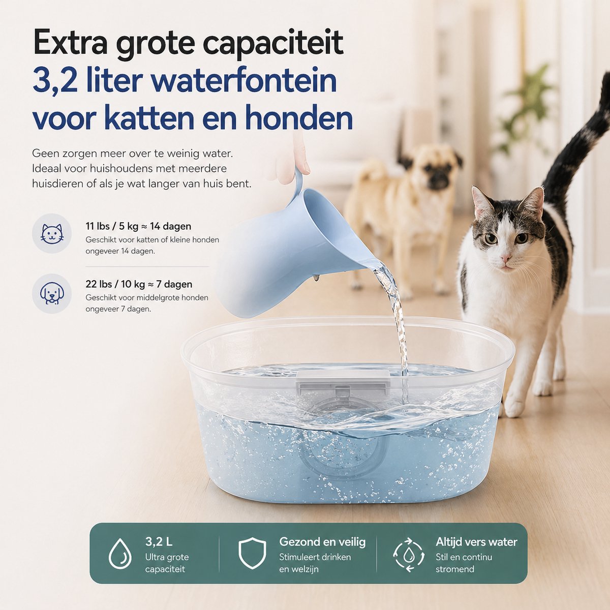 BOTC Drinkfontein Kat en Hond - Waterfontein Kat - 108oz/3.2L - Verkoeling Hond/Kat - Dieren drinkbakken - Waterdispenser - RVS thumbnail 6