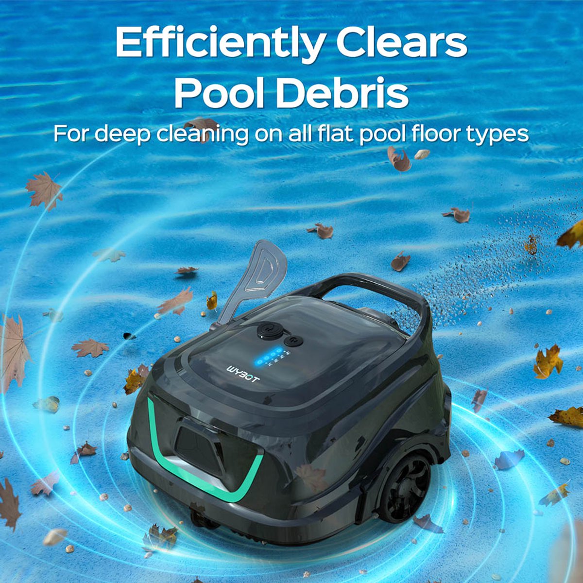 WYBOT A1 Draadloze Robotstofzuiger (Dubbele filters, 120 min runtime, 2,5 uur snelladen, voor bovengrondse zwembaden met vlakke bodem)+2x Ainkter PB26 19-inch 2-in-1 Zwembadborstel (Verstelbaar 180°)+2x Ainkter 18’ Zwembadschepnet — afbeelding 4