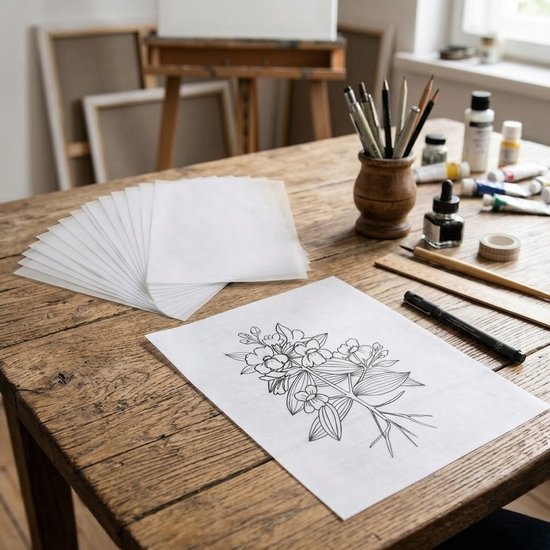 Een stapel wit transparant A4-papier ligt op een houten tafel, naast kunstbenodigdheden en een tekening van bloemen.