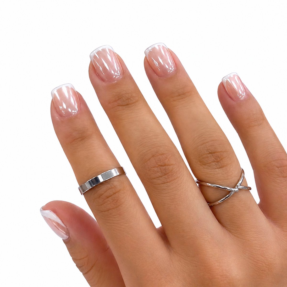 Joyage zelfklevende Plaknagels zonder lijm - 24st - Chrome french - Press On Nails kort - Plaknagels zelfklevende - Plak nagels plakkers - Nepnagels valse nagels Kunstnagels nep nagels - Starterspakket Press on nagels - Nail Art nagel tips fake nails