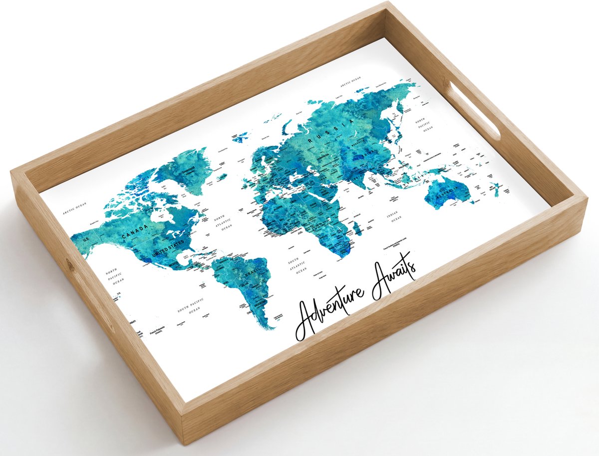 Dienblad hout 50x35 cm - Schootdienblad - Wereldkaart - Blauw - Kleurrijk - Borrelplank rechthoek - Plateau dienbladen