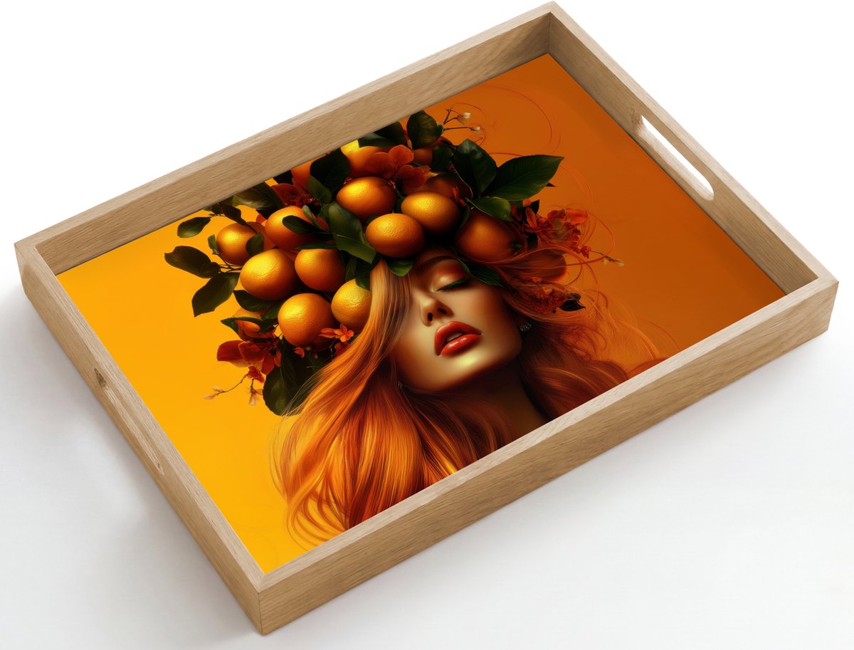 Dienblad hout 50x35 cm - Schootdienblad - Vrouw - Citroenen - Bloesem - Geel - Borrelplank rechthoek - Plateau dienbladen