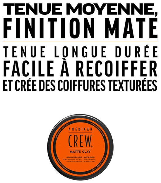 Tekst: MEDIUM HOLD, MATTE FINISH. LONG LASTING HOLD EASY TO RESTYLE AND CREATES TEXTURIZED HAIRSTYLES. Pot American Crew Matte Clay.