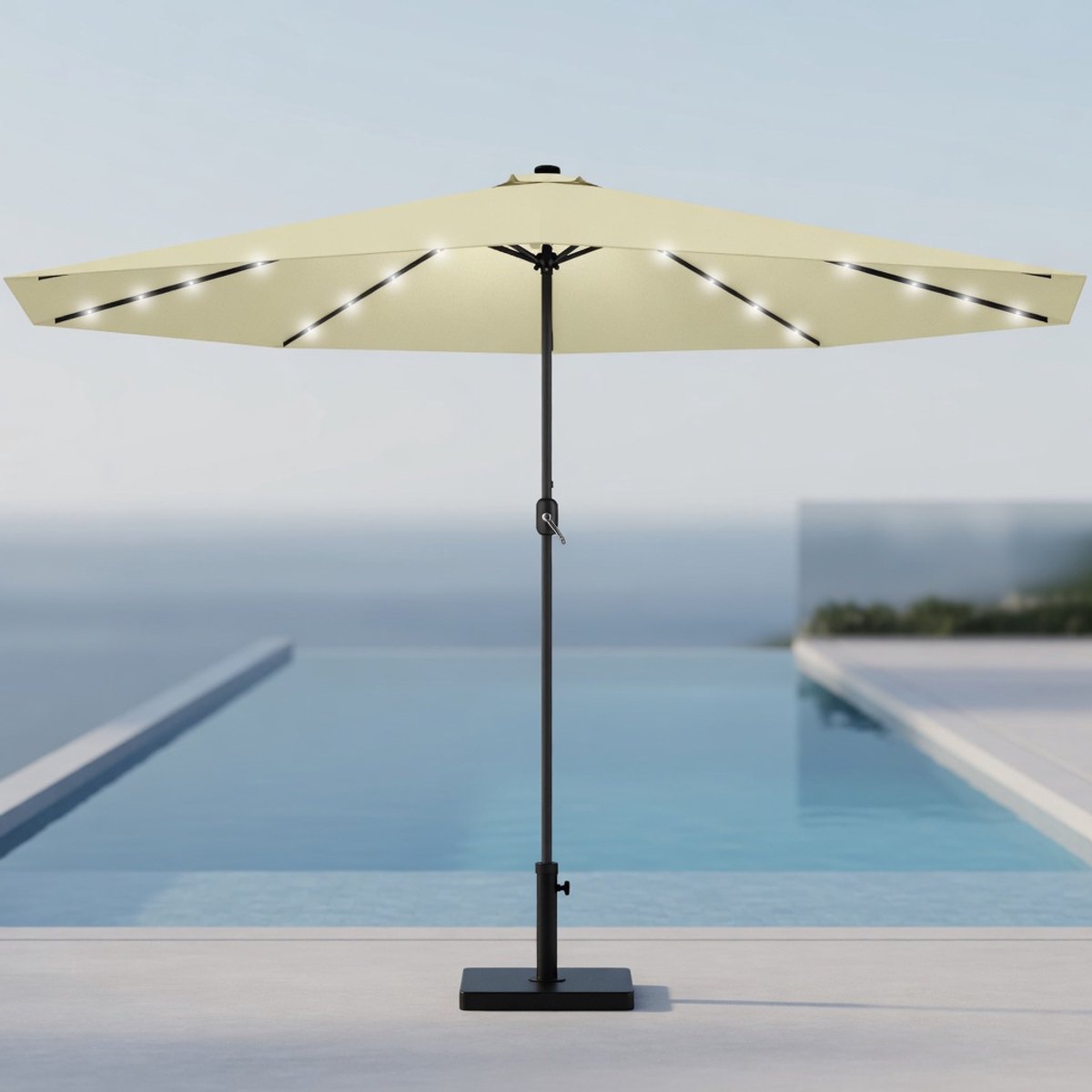 3,5m LED Solar Tuinparasol met Handslinger – Grote Ronde Balkon- en Terrasparasol Ø350 cm Waterafstotend UPF 40+ met 32 LED’s op Zonne-energie, Aluminium Frame Windbestendig – Mobili Bella
