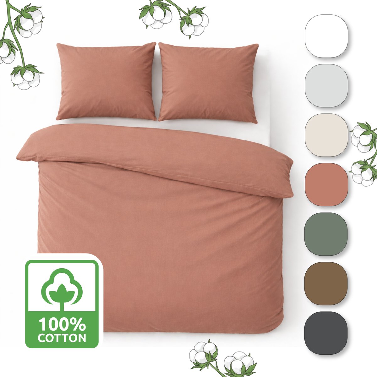 Muné Bedding - Hotelkwaliteit Dekbedovertrek Perkal Katoen 200TC - 140x220 - Inclusief Kussensloop | 3-zijdige Rits - Terracotta