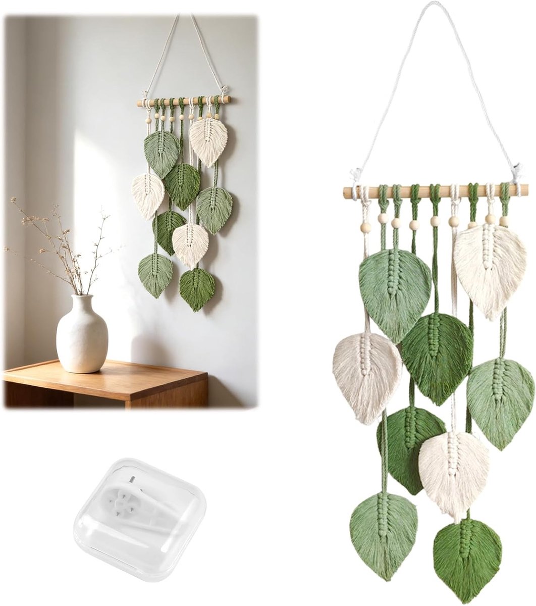 Handgemaakte Macramé Wanddecoratie met Houten Kralen en Groene Bladeren, 60x25cm, Bohemian Tapestry voor Slaapkamer, Woonkamer en Kinderkamer, Unieke Boho Woonaccessoires