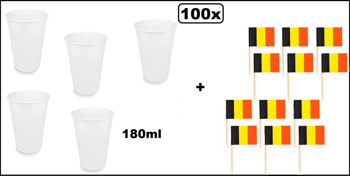100x Beker karton wit 180ml + 100x cocktail vlagprikker Belgie - Belgium WK limonade thee soep fris drank thema feest festival chocomel yogi party snacks
