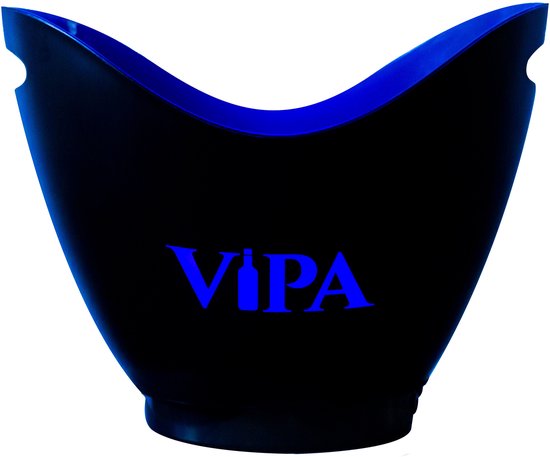 Zwarte VIPA wijnkoeler met blauwe LED verlichting en opdruk "VIPA"