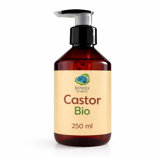 Bruine pompfles met beige etiket: "Biophorea", "Castor Bio", "250 ml".