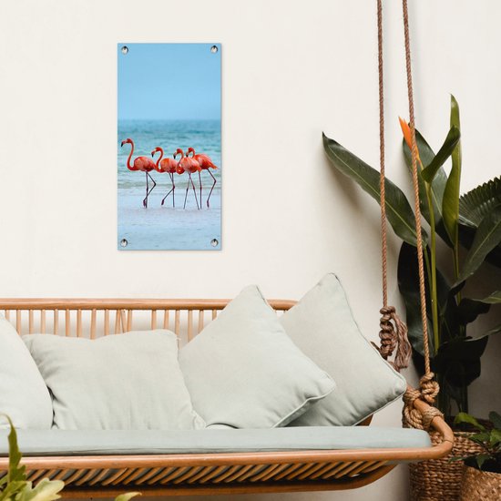 Affiche de jardin Quatre flamants roses marchant dans l'eau - 30x60 cm
