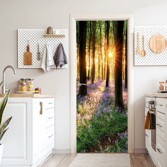 Sticker pour porte Forêt - Fleurs - Lavande - Soleil - Violet - Nature - 80x205 cm - Affiche de porte