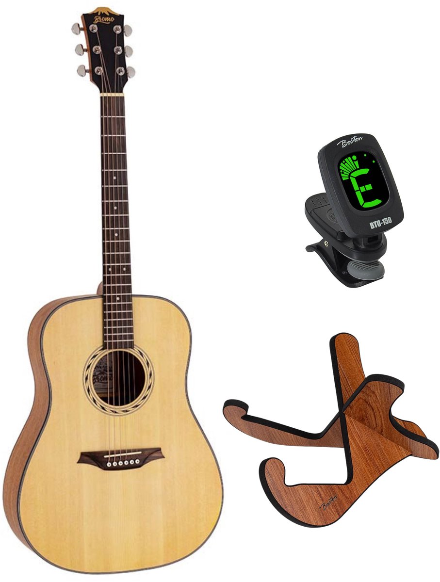 Bromo BAB1 Dreadnought Akoestische Gitaarset naturel Satijn met Tuner + Standaard