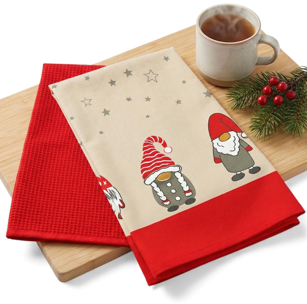 MIJOMA Keukenhanddoeken Set van 2 - Kerst Design met Gnomes - 45 x 70 cm