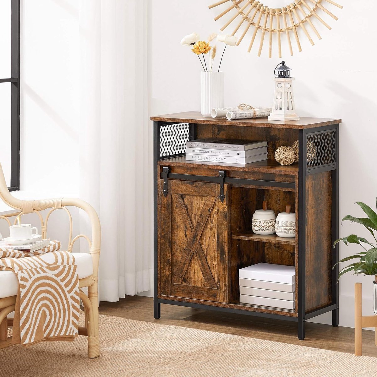 Industriële Schuifdeur Sideboard met Open Vakken & Verstelbare Plank – Vintage Bruin & Zwart – Opbergkast voor Woonkamer, Hal, Keuken & Kantoor – 70 cm- Mobili Bella