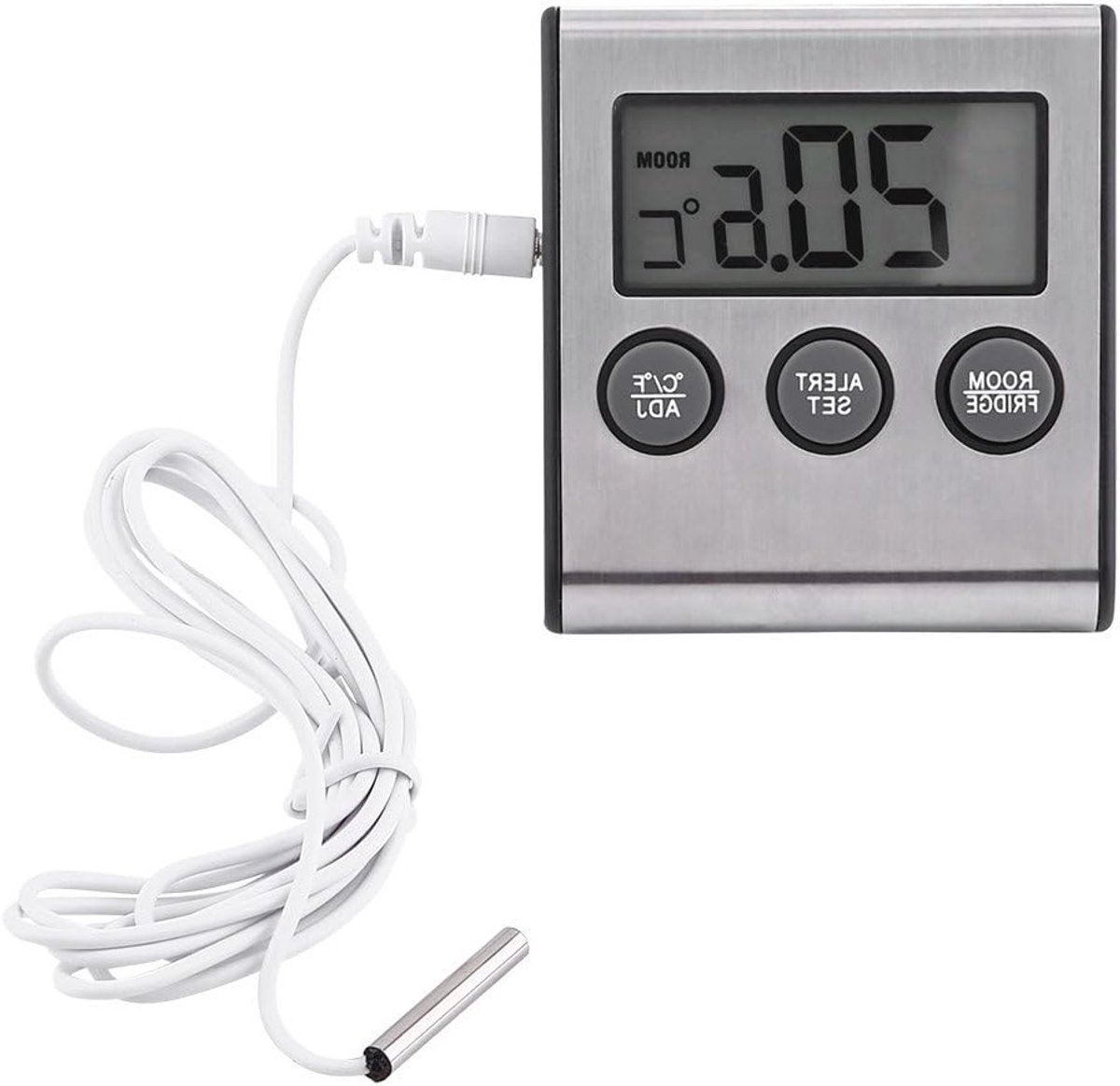 Digitale koelkastthermometer met groot LCD-display en waarschuwing voor hoge en lage temperaturen, ideaal voor voedselbewaring en temperatuurcontrole