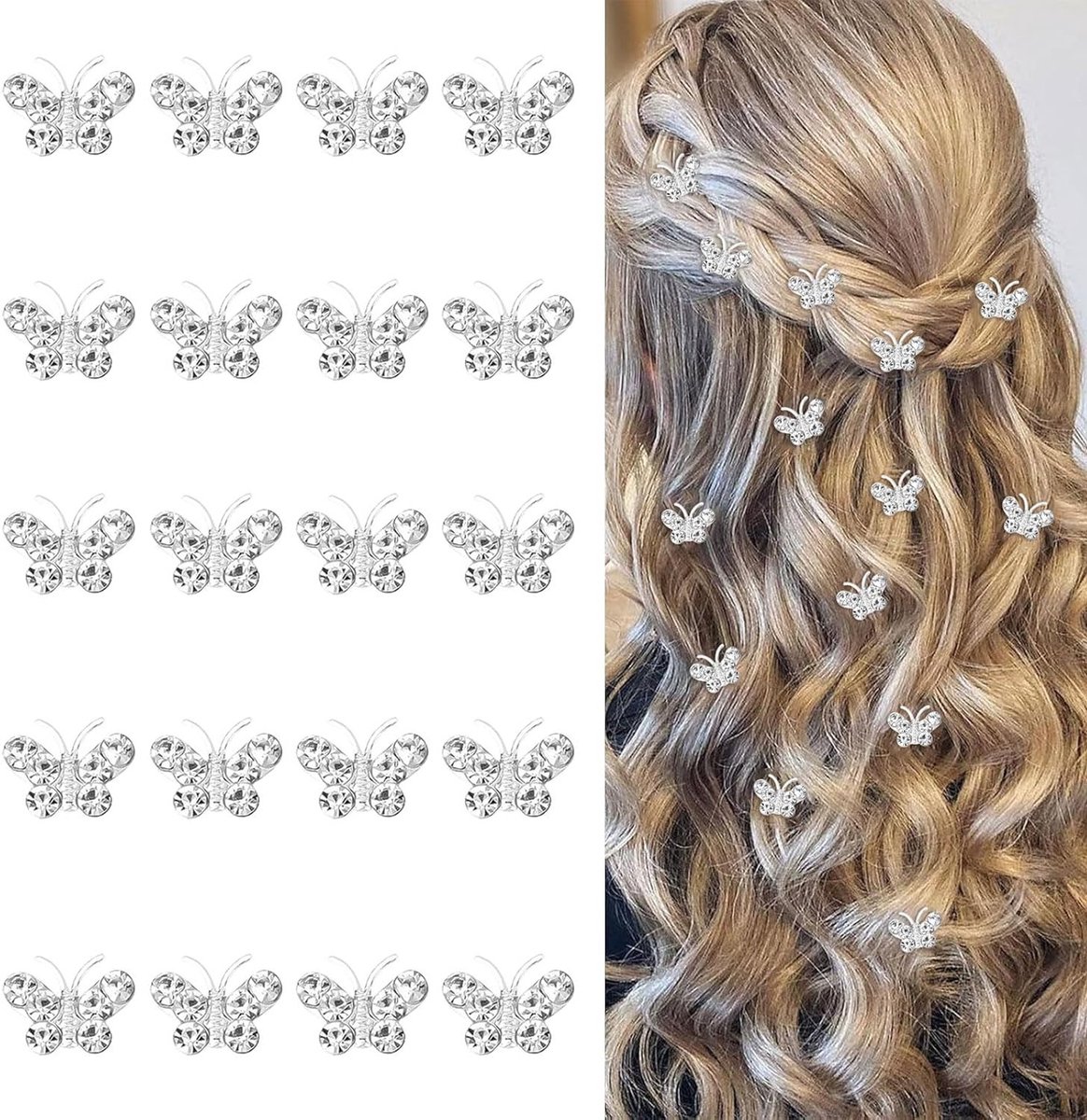 20 Stuks Mini Haarspelden met Rhinestones en Vlinders - Schattige Zilveren Haaraccessoires - Kleine Decoratieve Haarspelden voor Bruiloften - Haaraccessoires voor Vrouwen