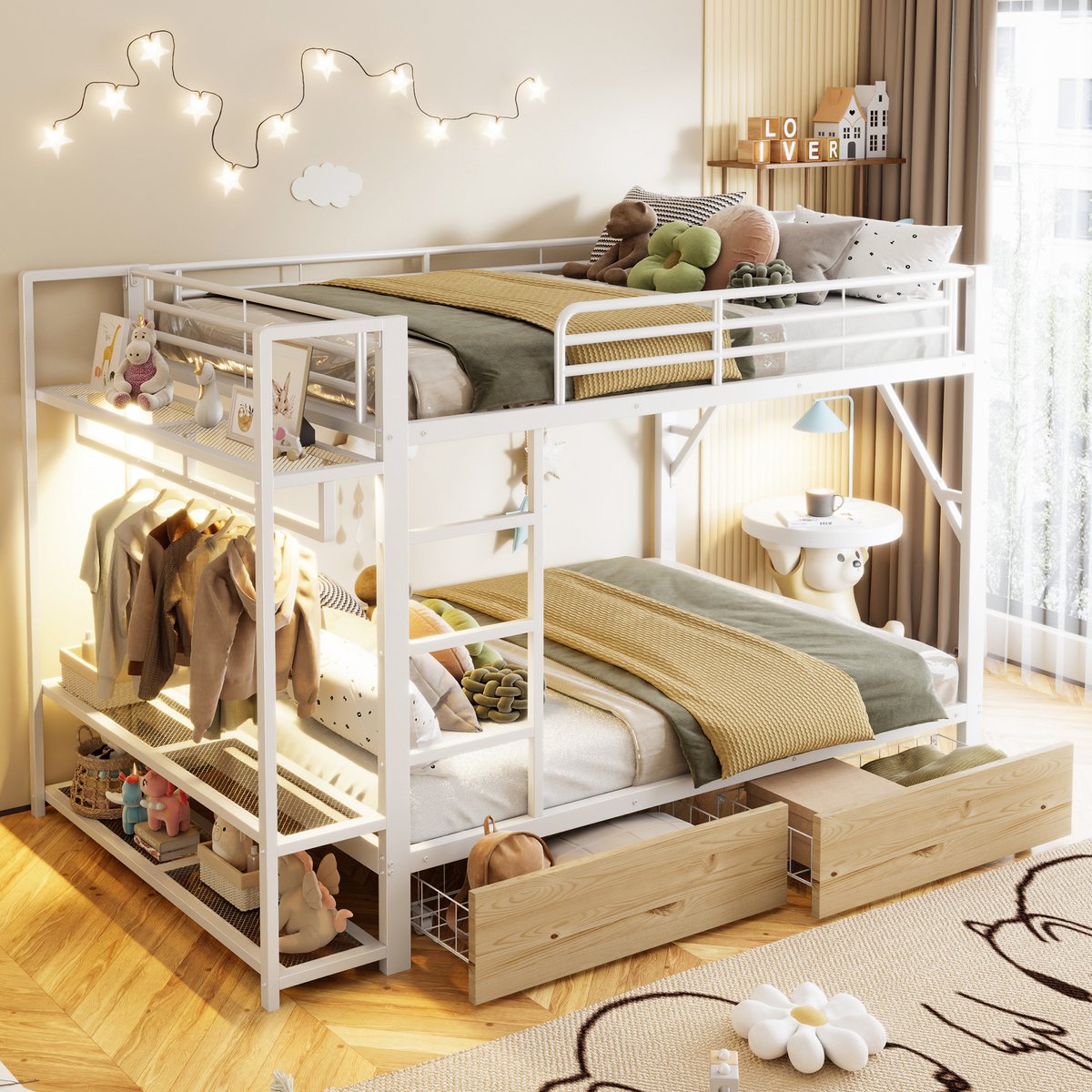 MODFU Stapelbed – 140x200 cm – LED & 2 Laden – Planken & Kledingstang – Metaal – Wit