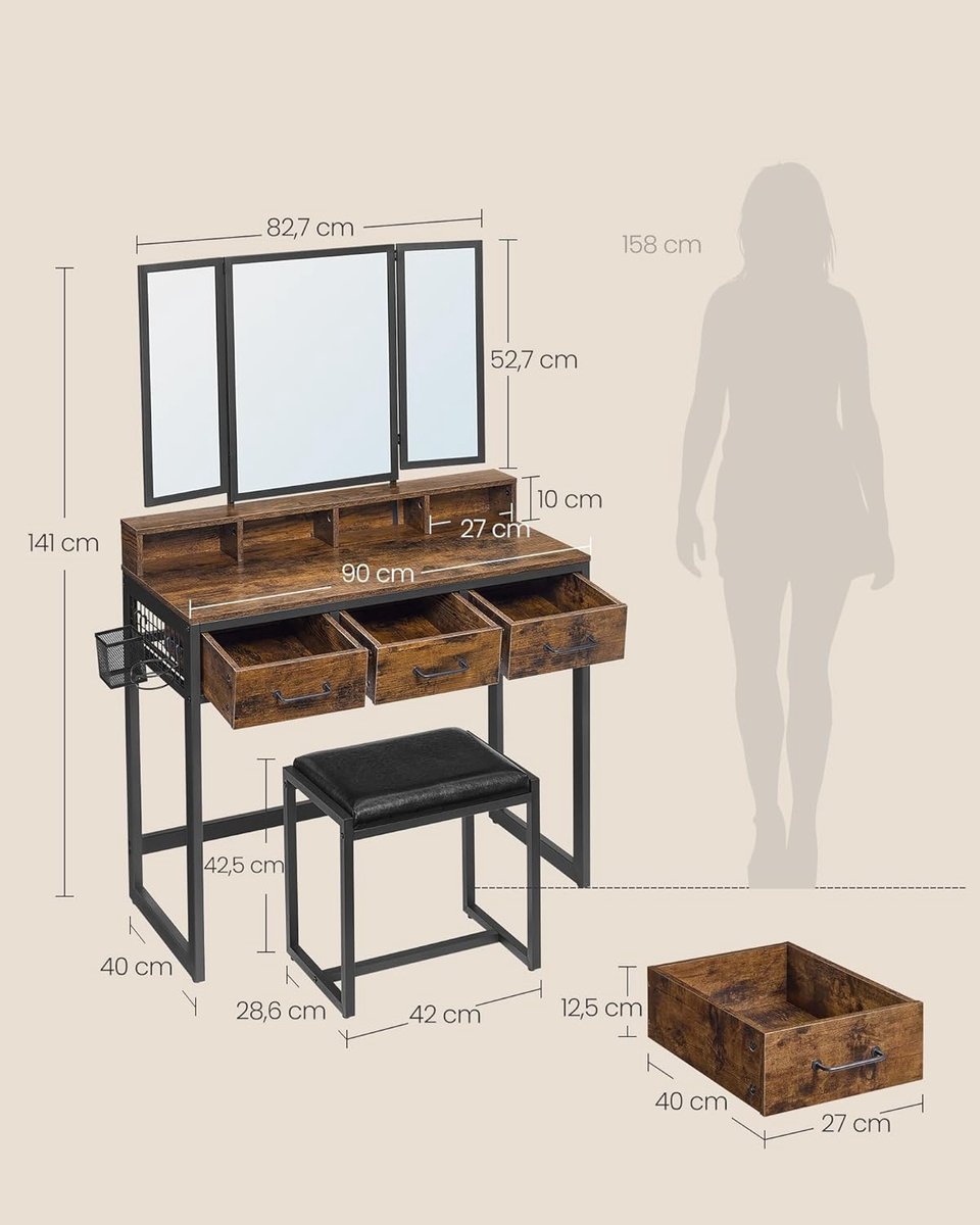 Make-uptafel met Kruk en Drievoudige Spiegel – Kaptafel met 3 Laden, Föhnhouder, Borstelhouder en Open Opbergruimte – Industriële Make-up Tafel Rustiek Bruin/Zwart – ABTkantoor 90x40x141 cm (RVT004B01)