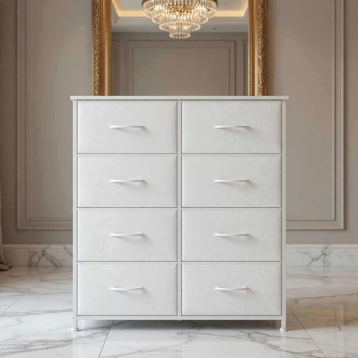 Mobili Bella Stoffen Ladekast met 8 Lades – Commode Opbergkast 80 cm Breed – Modern Dressoir voor Slaapkamer, Woonkamer, Hal – Lichtgewicht Commode Kast met Houten Frame en Stoffen Laden – Wit