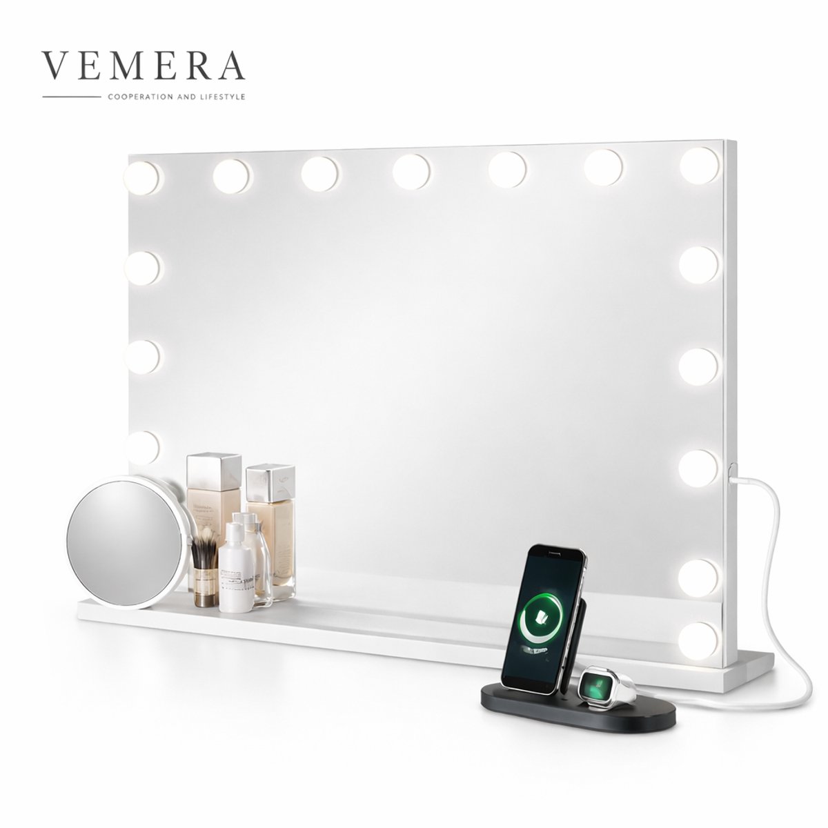 Vemera spiegel - spiegel met verlichting - make-up spiegel - 15 leds - smart touch control - dimbaar - usb + usb-c oplaadpoort - 46 × 58 cm
