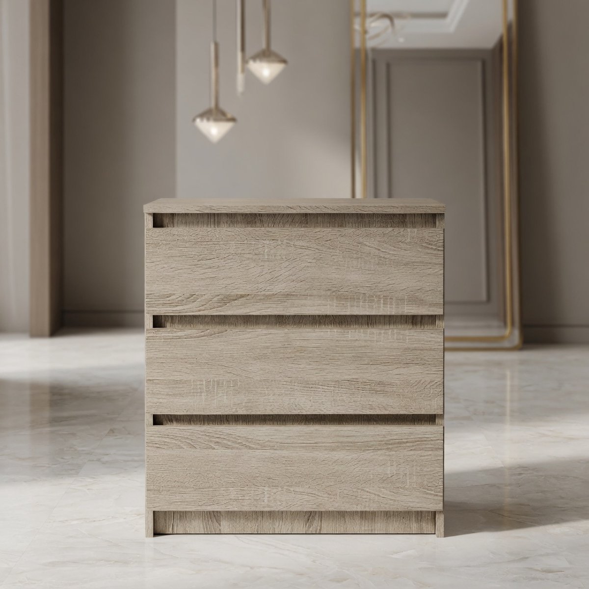 Luxe Commode met 3 Laden – Sonoma Eiken – Moderne Ladekast met Metalen Rails – Opbergkast voor Slaapkamer, Woonkamer, Hal en Kinderkamer – Compact & Stevig Design (70x40x77 cm)Mobili Bella