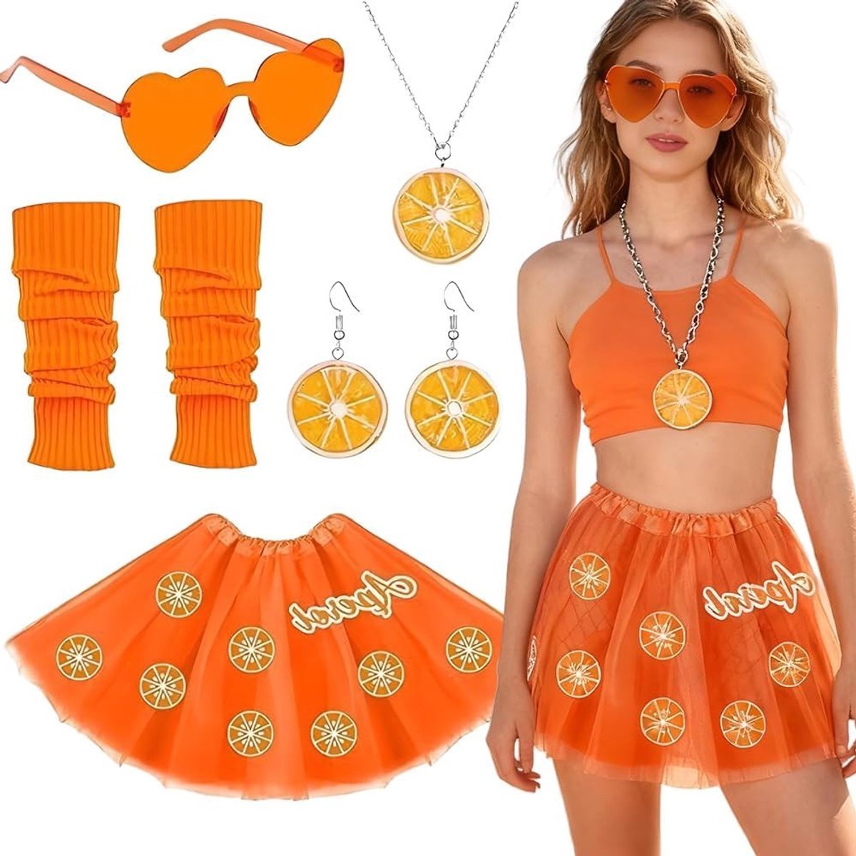 Vijfdelige Carnavalsoutfit voor Vrouwen met Oranje Tulle Rok, Oorbellen, Ketting, Hartzonnebril en Manchetjes voor een Feestelijke Look