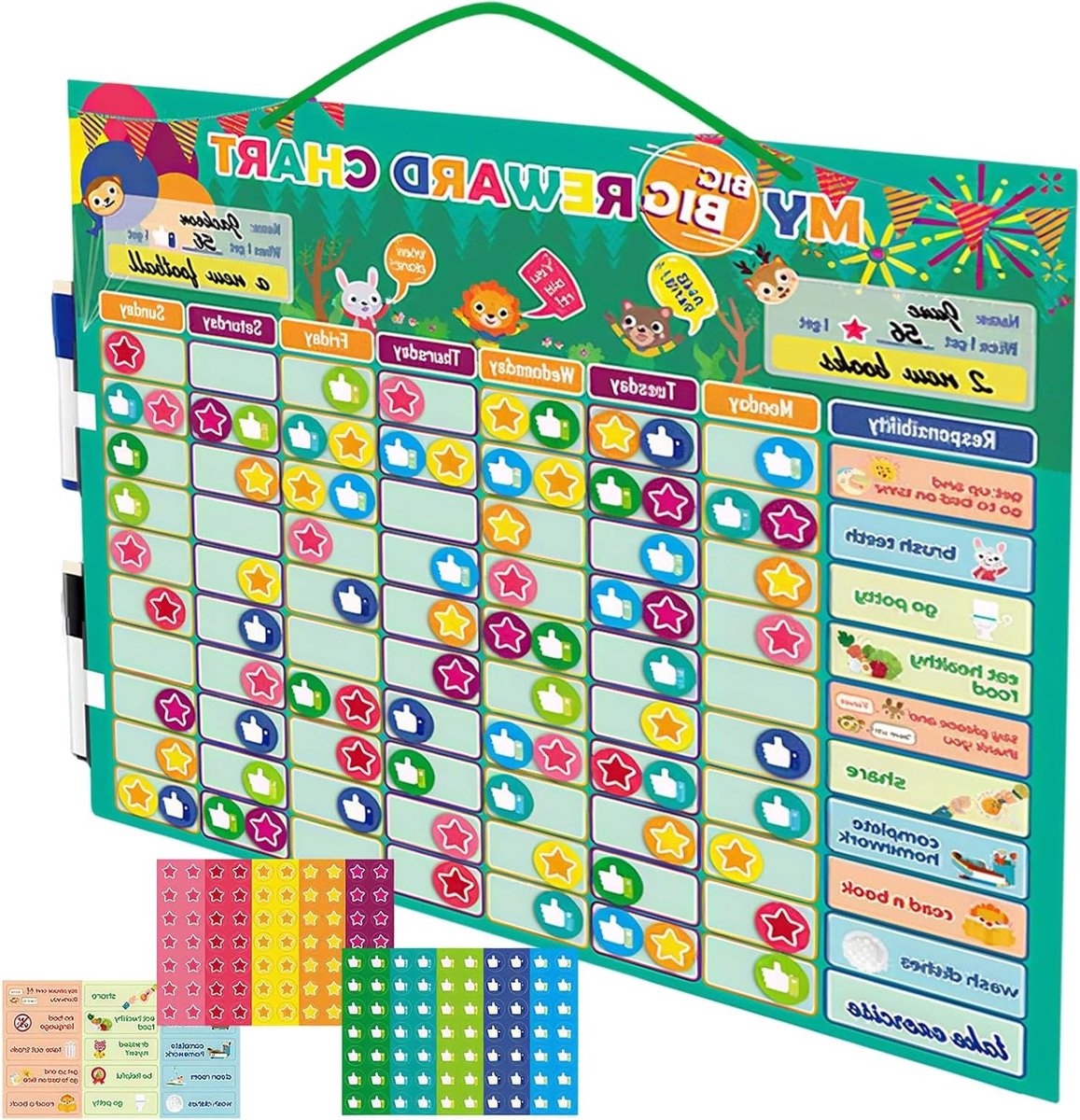 Beloningsbord voor Kinderen met 15 Takenmagneten en 70 Sterrenmagneten - Montessori Planner voor Gezinnen, Organiseer Activiteiten en Stimuleer Positief Gedrag